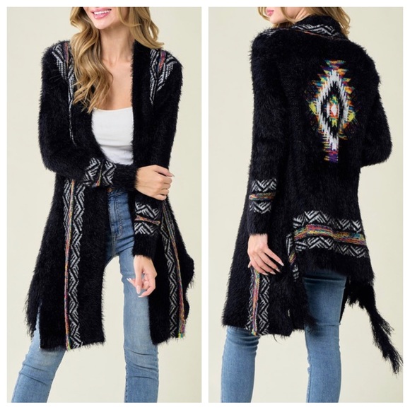 12 Aztec Rainbow Long Sleeve Open Drape Cardigan Southwestern Fringe detail - Picture 2 of 5